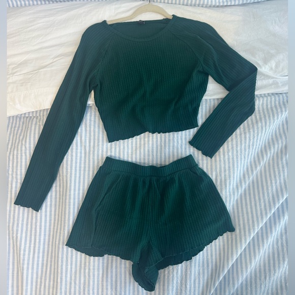 Dark Green Ribbed Knit PJ Set - Picture 1 of 3